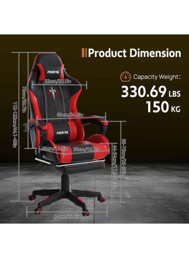 PORIYA Ergonomic Gaming Chair with Footrest, Adjustable Executive Office Chair, 90–145° Recline, Height Adjustable Racing Chair, PVC Leather, 150kg Capacity (Black&Red) - Image 2
